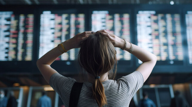 Bewildered And Frustrated Young Adult Woman Looking At Arrival And Departure Board At The Crowded Airport - Generative AI.