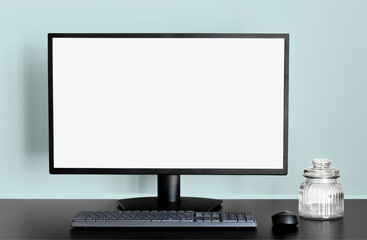 Desktop Screen Template Mockup on Blue Wall Background