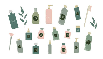 Cartoon eco cosmetic bottles, jars, leaves. Body hair skin care organic pruduct tubes, cleanser, soap for face, oil scrub, cream, lotion facial gel vector illustrations