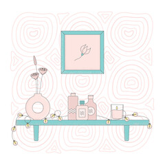 Color cartoon cosmetic bottles on SPA shelf. Body cream tube, cleanser, perfume, vase, paint vector illustrations