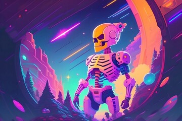 futuristic cartoon skeleton in space,  generative AI