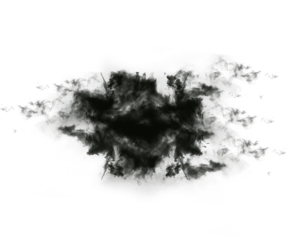 Black, ink blot and Rorschach test isolated on png or transparent background, psychology and smoke cloud. Mental health, mist or fog, powder spray and steam and psychiatric evaluation
