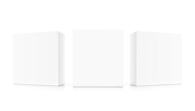 Realistic cardboard boxes mockup set. Front and half side views. Vector illustration isolated on white background. Can be use for food, cosmetic, software and etc. Ready for your design. EPS10.	
