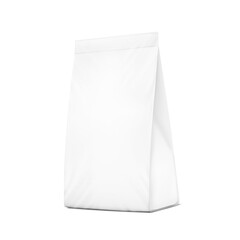 Realistic package bag mockup with a triangle shape. Half side view. Vector illustration isolated on white background. Ready for your design. EPS10.