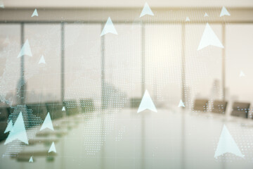Double exposure of abstract virtual world map with pins hologram on a modern meeting room...