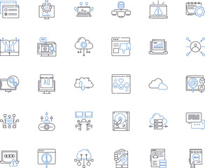 Electronic line icons collection. Circuitry, Amplifier, Microchip, Transistor, Silicon, Semiconductor, Voltage vector and linear illustration. Current,Resistance,Capacitor outline signs set