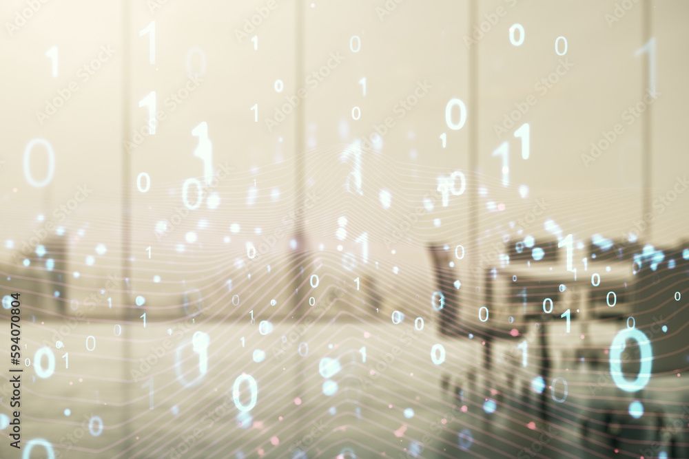 Aufkleber Abstract virtual binary code hologram on a modern coworking room background, AI and machine learning concept. Multiexposure