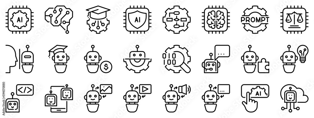 Wall mural line icons about artificial intelligence on transparent background with editable stroke.