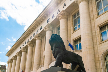 The Building of Court House and a bronze lion in Sofia, Bulgaria.
