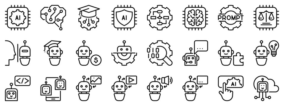 Line icons about artificial intelligence on transparent background with editable stroke.
