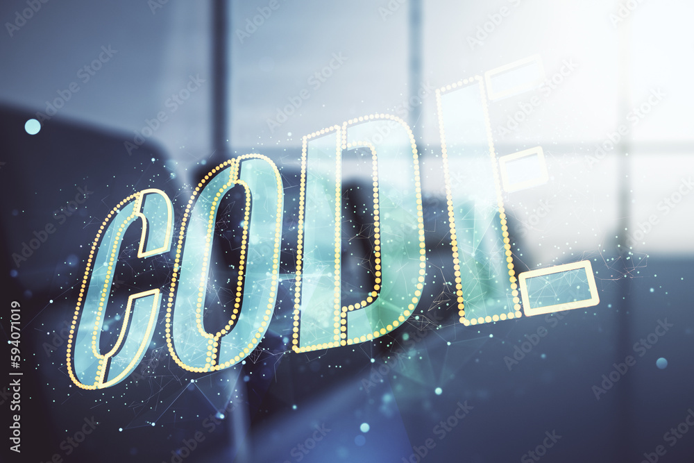 Poster code word hologram on a modern coworking room background, international software development concept