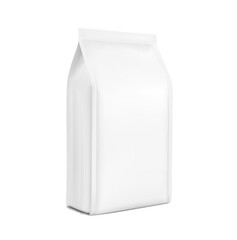 Hyper realistic gusseted packaging bag mockup. Half side view. Vector illustration isolated on white background. Ready for use in presentation, promo, advertising on any backgrounds. EPS10.	
