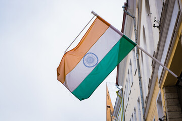 Indian flag waving on a building. Flag of India. 