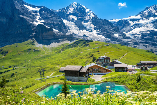 Scenic view from the Rotsteckli trail from Mannlichen leading to Kleine Scheidegg in the Jungfrau region of the Swiss alps in Switzerland