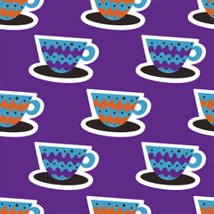 Seamless pattern with cute abstract cups on blue background. Design for fabric and paper, surface textures.