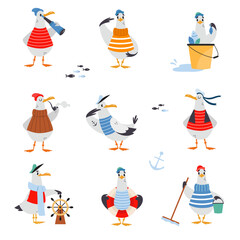 Fototapeta na wymiar Gull Character with Webbed Feet Wearing Striped Vest and Hat with Bucket and Steering Wheel Vector Set