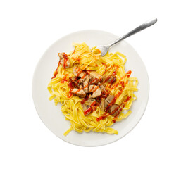 Traditional Italian Egg Pasta, Fettuccine with Chicken, Yellow Pasta with Meat and Tomato Sauce on White