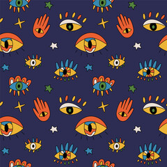Vector seamless pattern with groovy style eyes on dark blue background. Design for fabric and paper, surface textures.	
