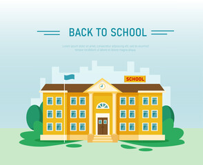 Vector illustration of school building with trees, shrubs, city landscape and place for text. Concept of education and learning.