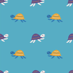 Seamless vector pattern of colorful turtles on blue background. Modern design for fabric and paper, surface textures.