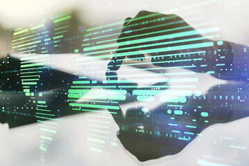 Multi exposure of abstract creative digital world map and finger presses on a digital tablet on background, tourism and traveling concept