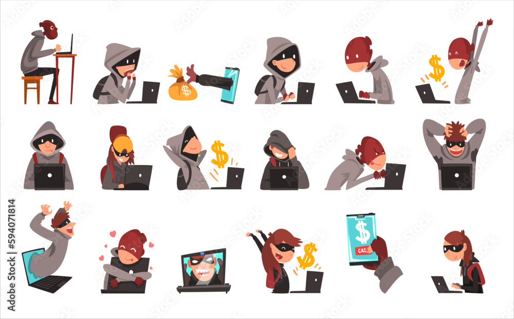 Poster hacker in hoody and mask stealing money and personal data using laptop vector set