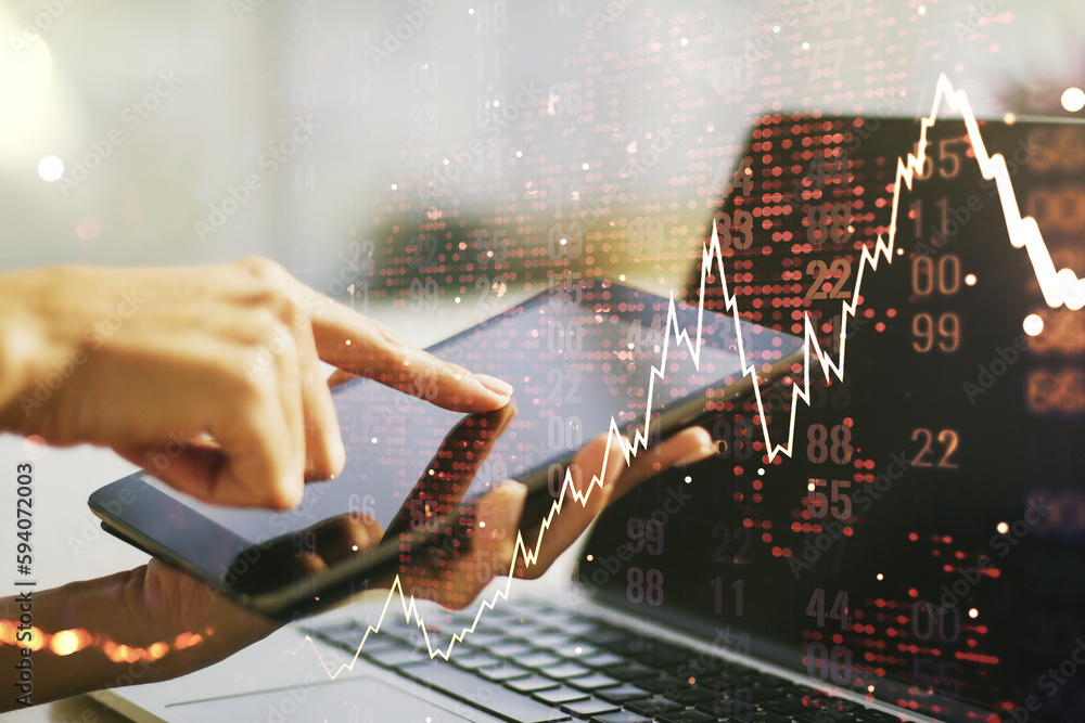 Poster multi exposure of abstract creative financial chart with world map and with finger presses on a digi