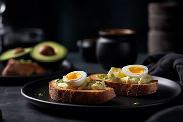 Avocado and egg toast on a dark wooden background. Healthy food concept. Diet , generative ai tools 