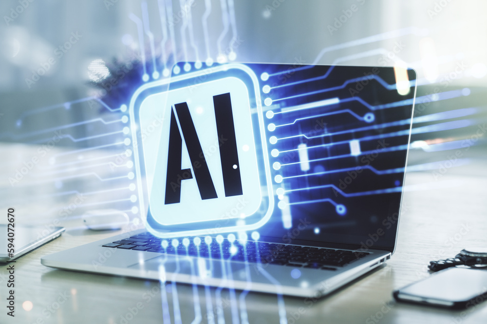 Poster double exposure of creative artificial intelligence icon with modern laptop on background. neural ne