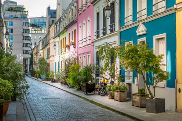 Paris, France - May 19, 2021: Rue Cremieux in the 12th Arrondissement is one of the prettiest residential streets in Paris. - obrazy, fototapety, plakaty
