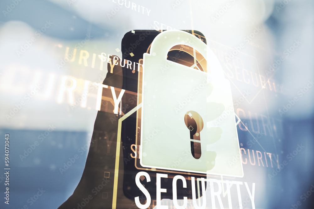 Aufkleber creative lock illustration with microcircuit and hand with mobile phone on background, cyber securit