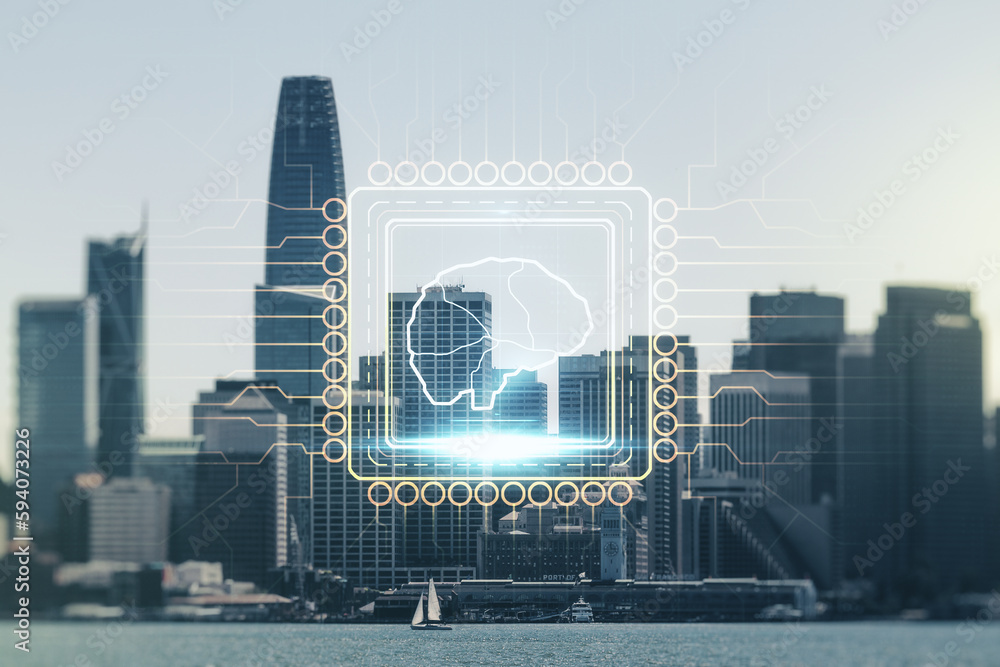 Poster double exposure of creative artificial intelligence interface on san francisco city skyscrapers back