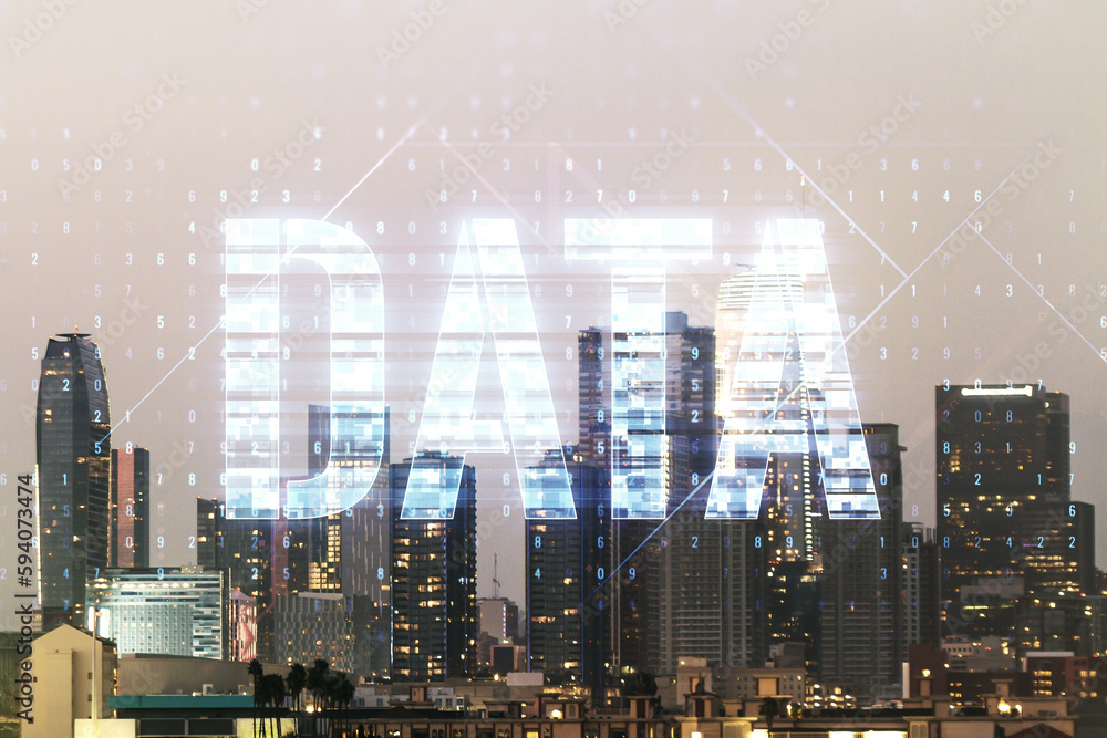 Aufkleber data word hologram on los angeles office buildings background, big data and blockchain concept. mult
