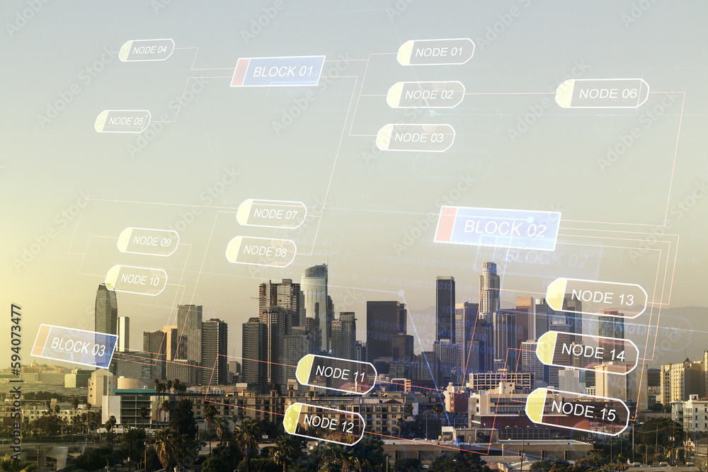 Poster double exposure of abstract programming language interface on los angeles city skyscrapers backgroun