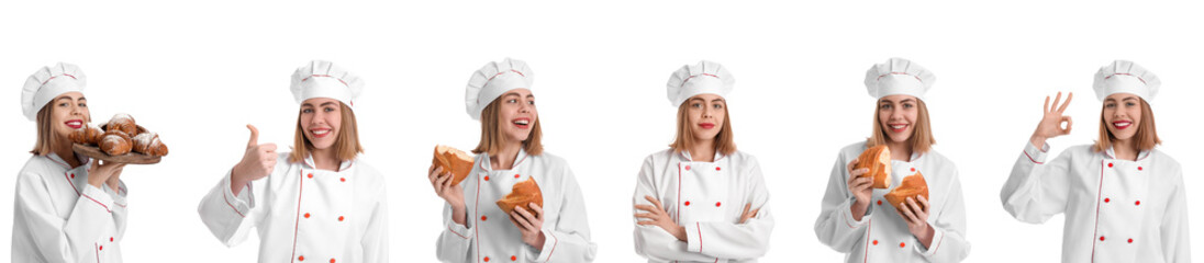Collage of young female baker on white background
