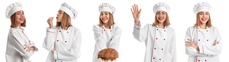 Collage of young female baker on white background
