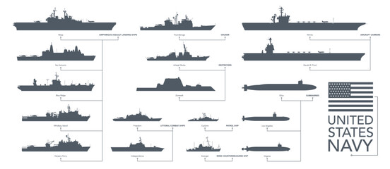 US navy icon set. Military vessels on white background. Vector illustration - obrazy, fototapety, plakaty