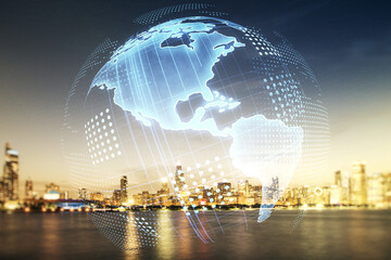 Double exposure of digital map of North America hologram on Chicago city skyscrapers background,...