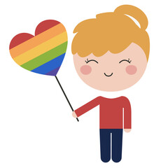 Vector de mujer rubia  con cartel corazón con colores LGBT en el día mes del orgullo
