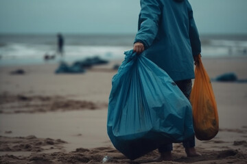 unrecognizable Woman volunteer in with big blue bag collecting garbage on beach  Generative AI