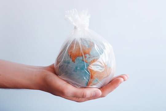 The human hand holds the planet earth in a plastic bag. The concept of pollution by plastic debris. Global warming due to greenhouse effect. Isolated white background  Generative AI