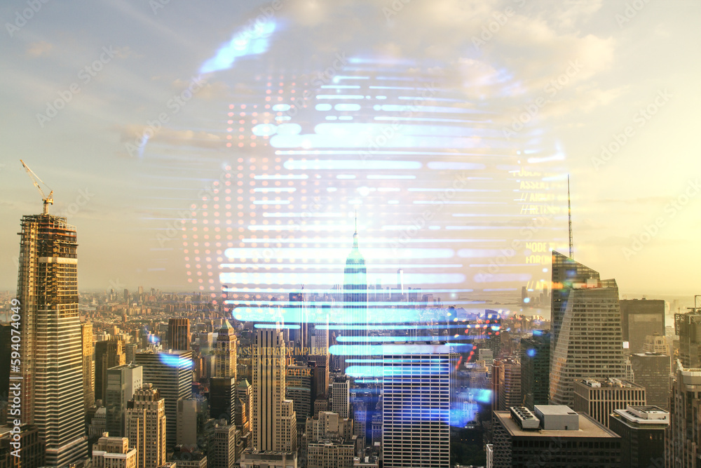 Poster abstract virtual coding concept and world map hologram on new york city skyline background. multiexp