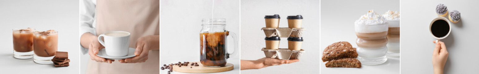 Collage of cups with tasty coffee on light background