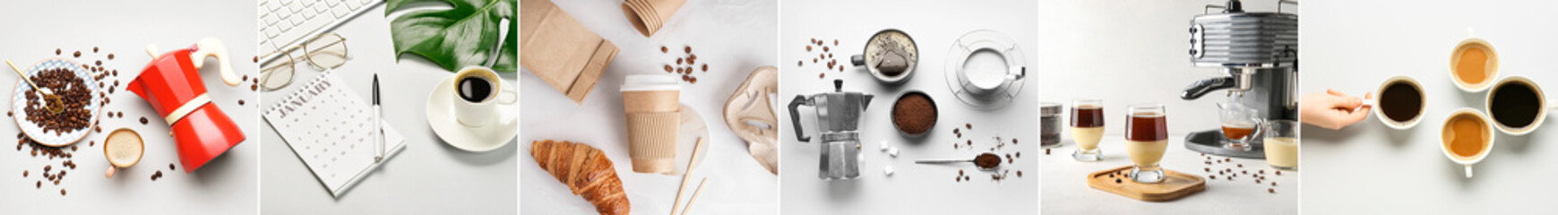 Collage of cups with coffee, roasted beans and pots for brewing on light background