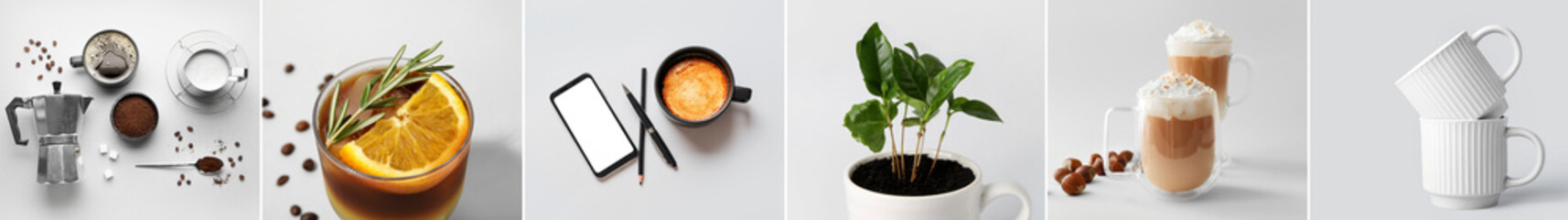Collage of cups with coffee, roasted beans, plant, pot and tasty cocktails on light background