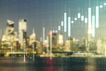 Multi exposure of virtual abstract financial graph interface on blurry skyscrapers background, financial and trading concept
