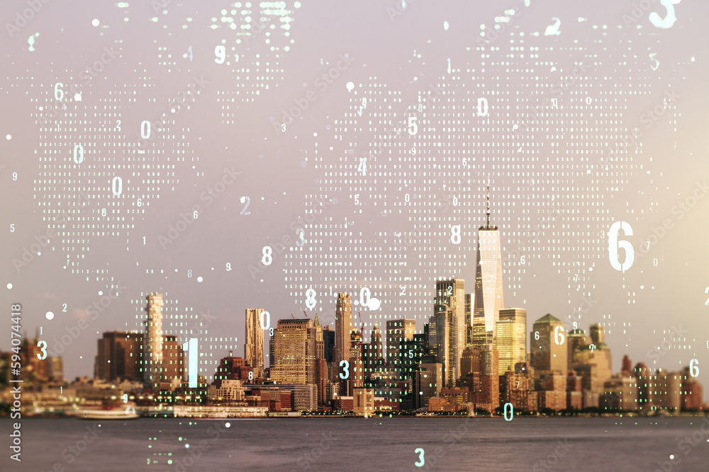 Poster Double exposure of abstract programming language hologram and world map on New York city skyscrapers background, research and development concept