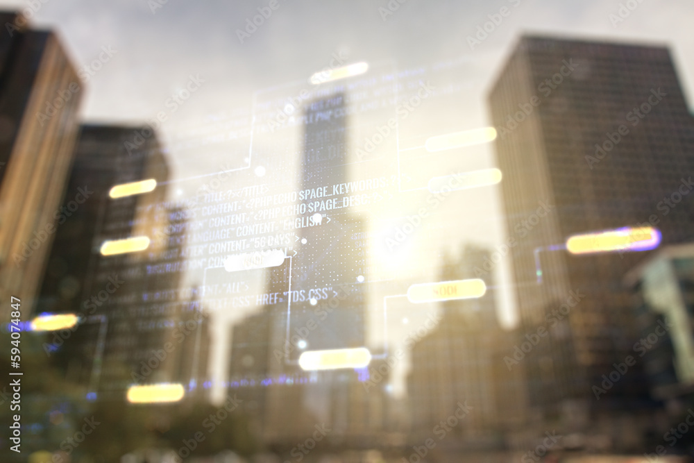 Poster multi exposure of abstract creative coding sketch on office buildings background, artificial intelli
