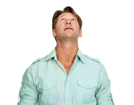 Idea, thinking or mature businessman looking up with uncertainty, wonder or contemplation. Doubt, pensive or thoughtful person in a fashionable or casual shirt isolated on transparent png background
