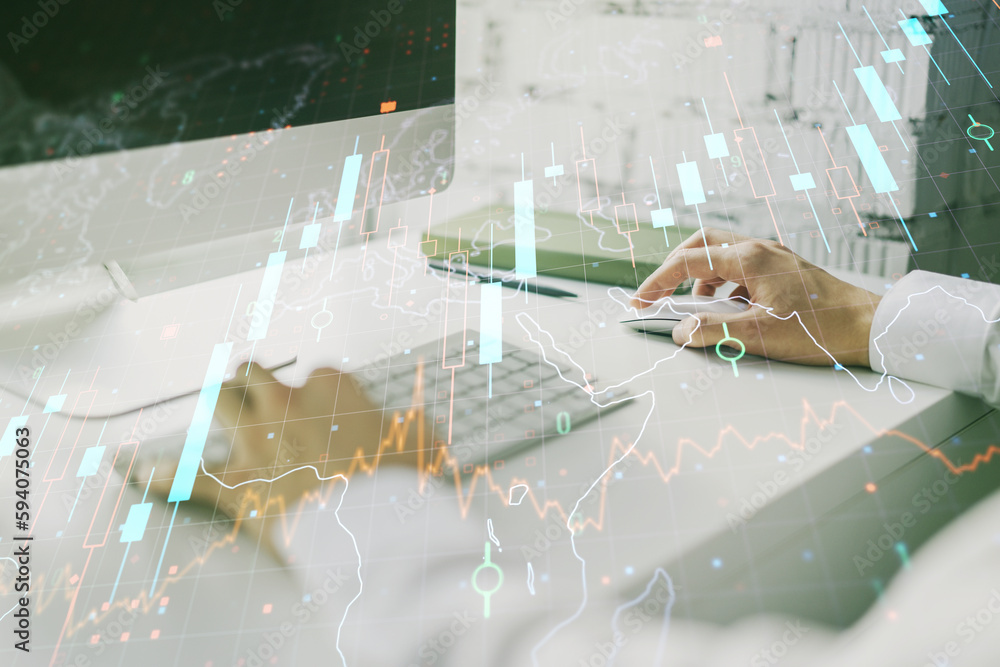 Poster multi exposure of abstract creative financial chart with world map and with hand typing on computer 